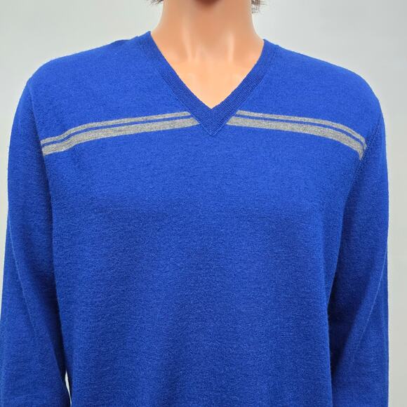 Banana Republic Wool Sweater V-neck Men XL Blue Gray Striped 100% Wool - Picture 2 of 10